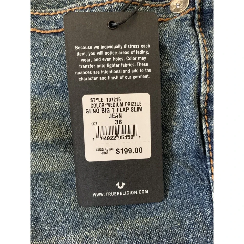 NWT TRUE RELIGION Sz 38 X 32 Geno BIG T SLIM W/FLAP STRETCH DENIM JEANS